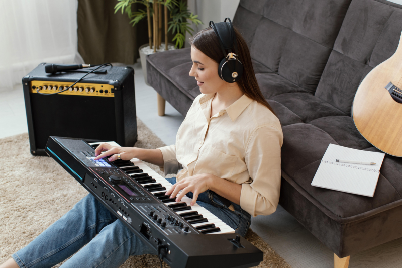 Mulher toca teclado sentada no chão