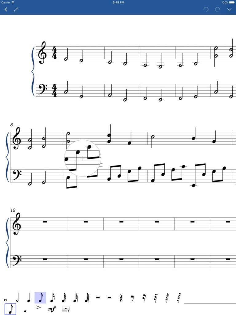 Edição de partirura feita no Notation Pad, um dos melhores aplicativos de partitura