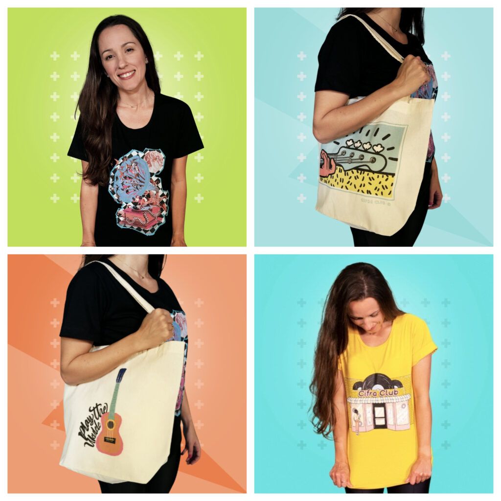 Montagem reúne camisetas e ecobags temáticas do Cifra Club