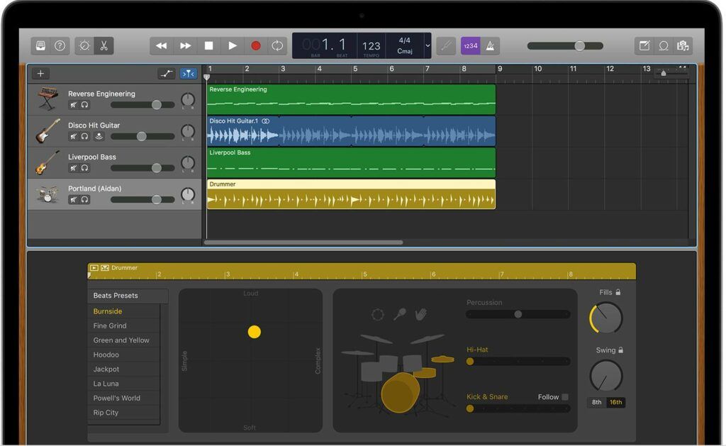 Ferramenta Drummer, do GarageBand, uma das melhores DAWs gratuitas