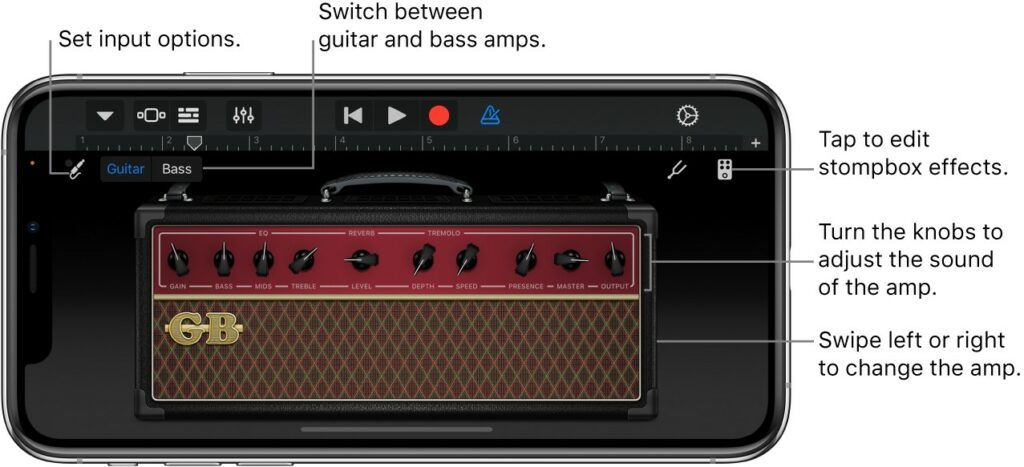 Garageband, software ideal para produzir música no celular, simula amplificador de guitarra