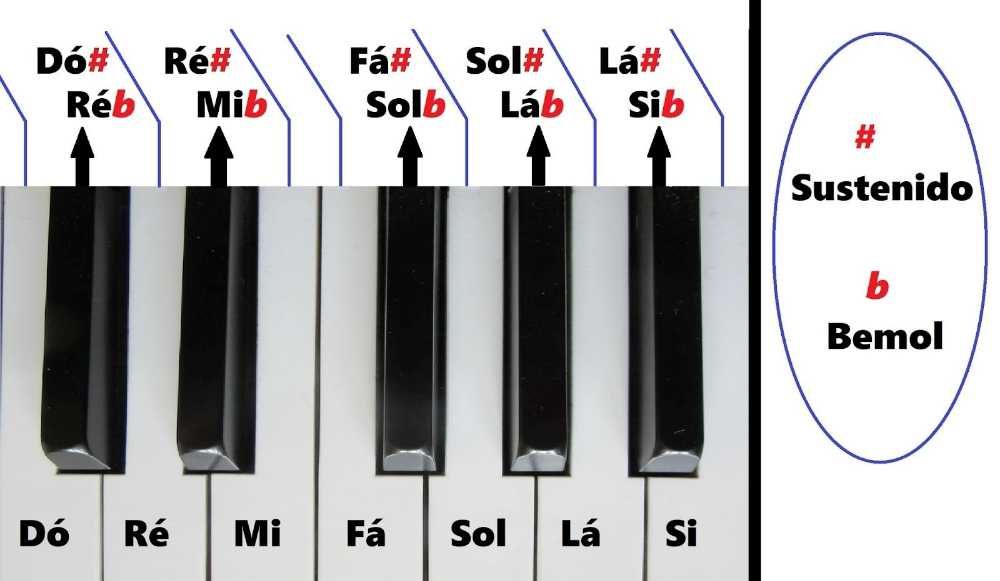 Representação de todas as notas musicais nas teclas de um teclado