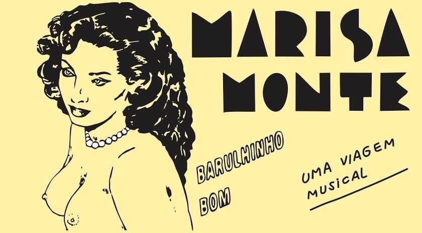 Capa do álbum Barulhinho Bom - Uma Viagem Musical, de Marisa Monte, com uma ilustração de uma mulher nua e os nomes da cantora e do disco ao lado