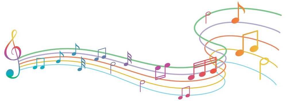 Ilustração de símbolos musicais coloridos em um pentagrama