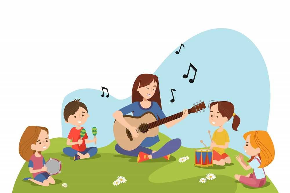 Ilustração de crianças tocando instrumentos de percussão em aula de música e a professora tocando violão