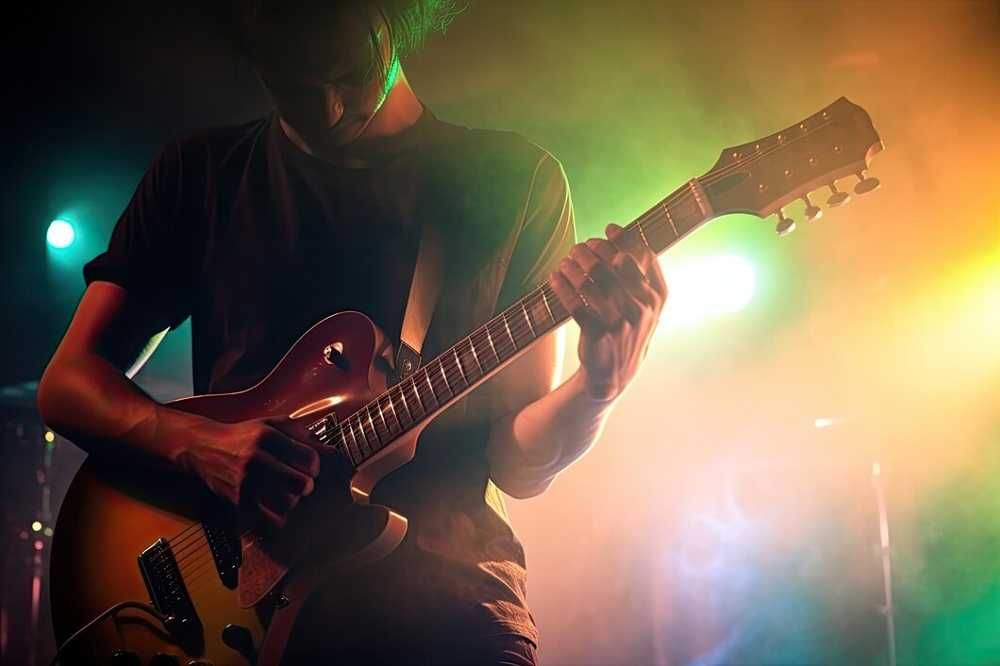 Músico tocando guitarra com distorção em show