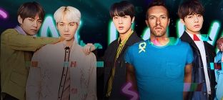 O grupo de k-pop BTS e o vocalista da banda Coldplay posam na imagem como título: My Universe