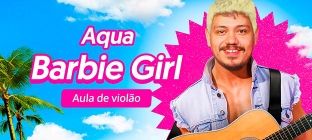 O instrutor Tarsius Lima aparece vestido de Ken, personagem da Barbie. Texto na imagem: Aqua. Barbie Girl. Aula de violão.