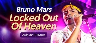 O cantor Bruno Mars. Texto na imagem: Locked Out Of Heaven. Aula de guitarra.