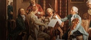 Na imagem uma representação de músicos tocando violino no período clássico. 