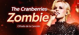  la cantante Dolores O'Riordan, de la banda The Cranberries. Texto en la imagen: Cifrado de la canción "Zombie".