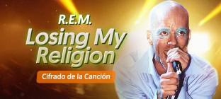 El cantante de la banda R.E.M. Texto en la imagen: Cifrado de la canción "Losing My Religion"