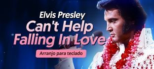 O cantor Elvis Presley. Texto na imagem: Can't Help Falling In Love. Elvis Presley.  Arranjo para teclado.