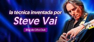 El guitarrista Steve Vai tocando la guitarra. Texto en la imagen: La técnica inventada por Steve Vai - Blog de Cifra Club