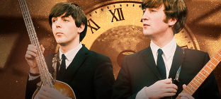 Na imagem os Beatles olham para o palco com suas guitarras e contrabaixos na mão