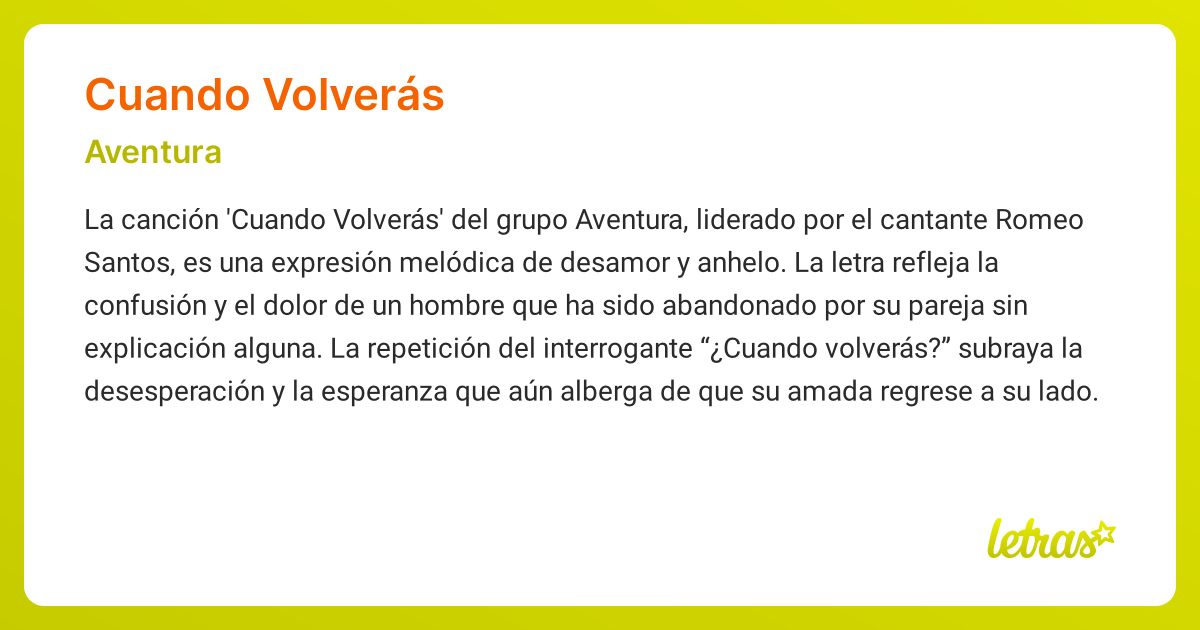 Significado de la canción CUANDO VOLVERÁS (Aventura) - LETRAS.COM