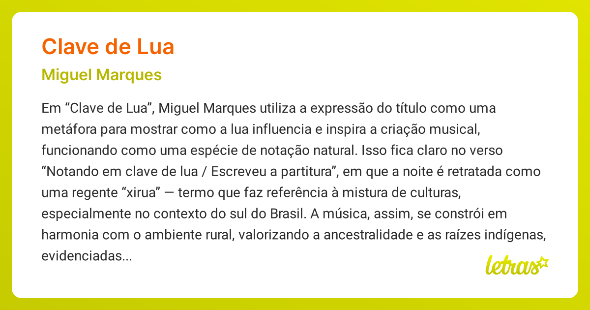 Significado da música CLAVE DE LUA (Miguel Marques) - LETRAS.MUS.BR