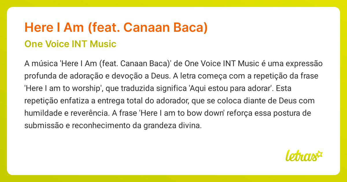 Significado da música HERE I AM (FEAT. CANAAN BACA) (One Voice INT ...