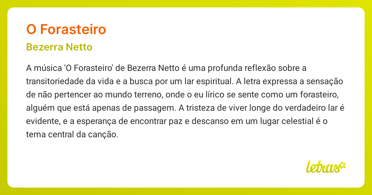 Significado da música O FORASTEIRO (Bezerra Netto) - LETRAS.MUS.BR