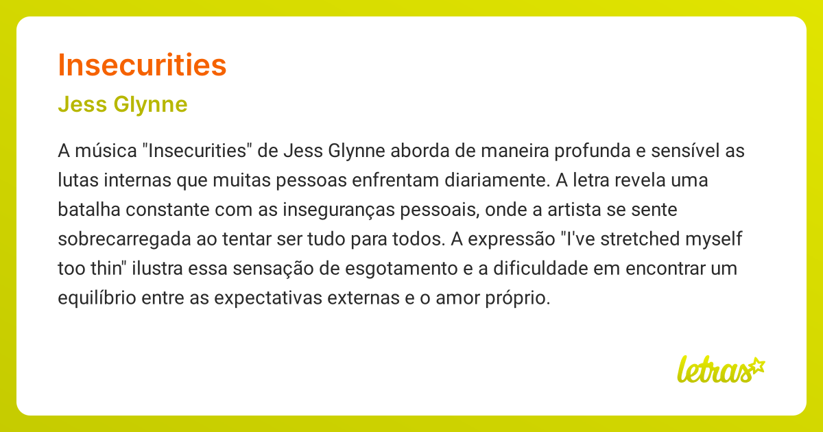 Significado Da Música Insecurities Jess Glynne Letras Mus Br