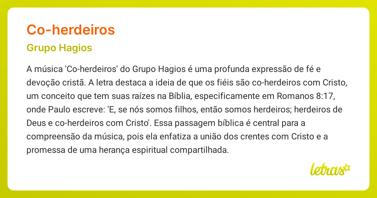 Significado da música CO-HERDEIROS (Grupo Hagios) - LETRAS.MUS.BR