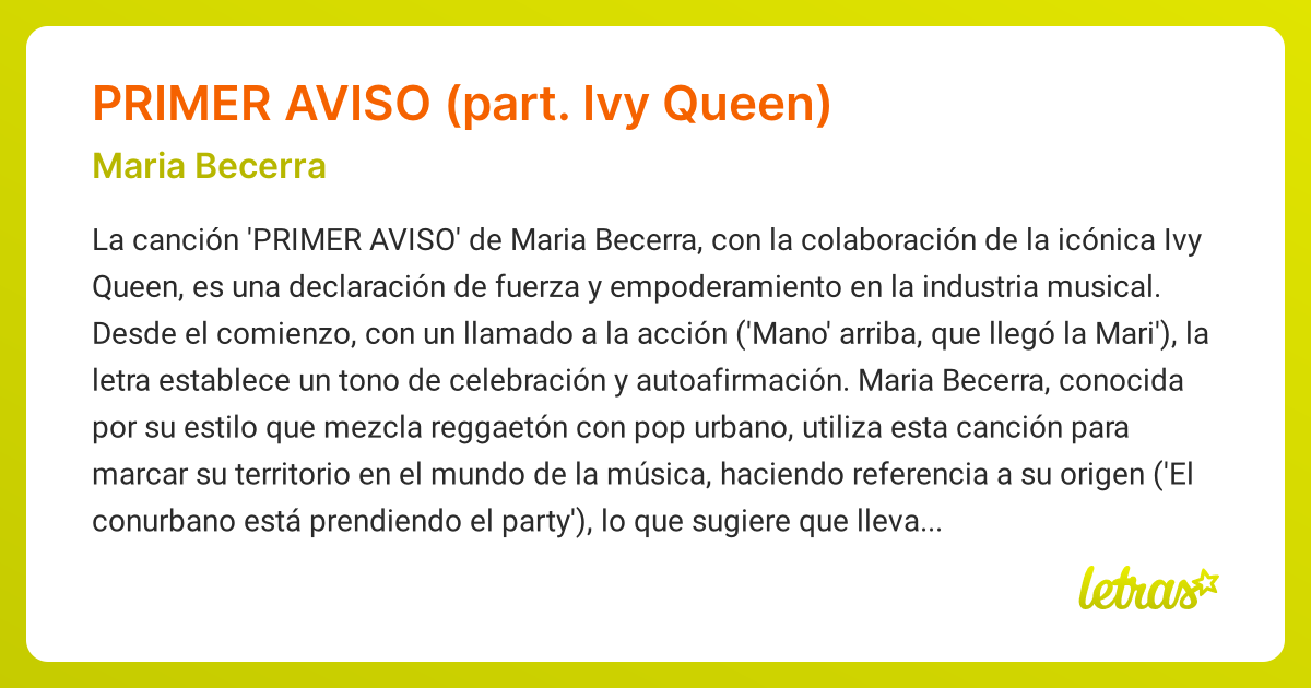 Significado de la canción PRIMER AVISO (PART. IVY QUEEN) (Maria Becerra
