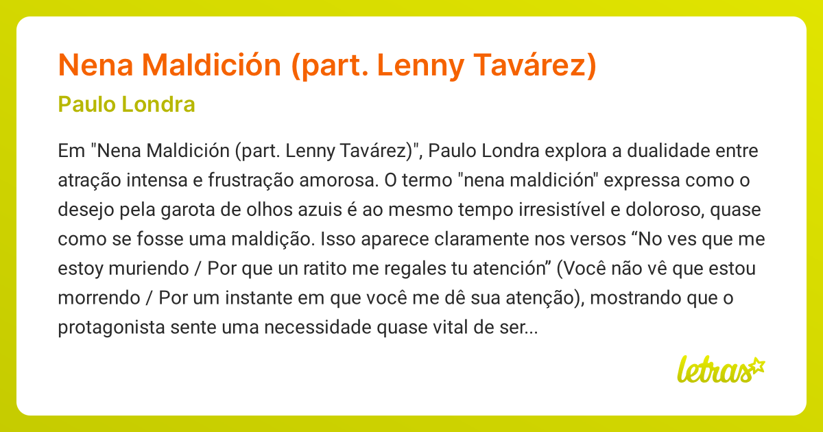 Significado da música Nena Maldición (part. Lenny Tavárez) (Paulo