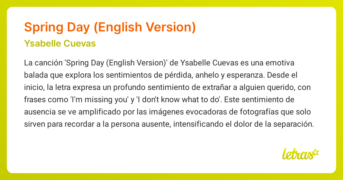 Significado de la canción SPRING DAY (ENGLISH VERSION) (Ysabelle Cuevas ...