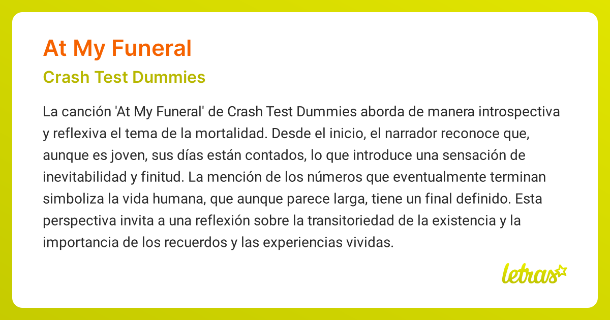 Significado de la canción AT MY FUNERAL (Crash Test Dummies)