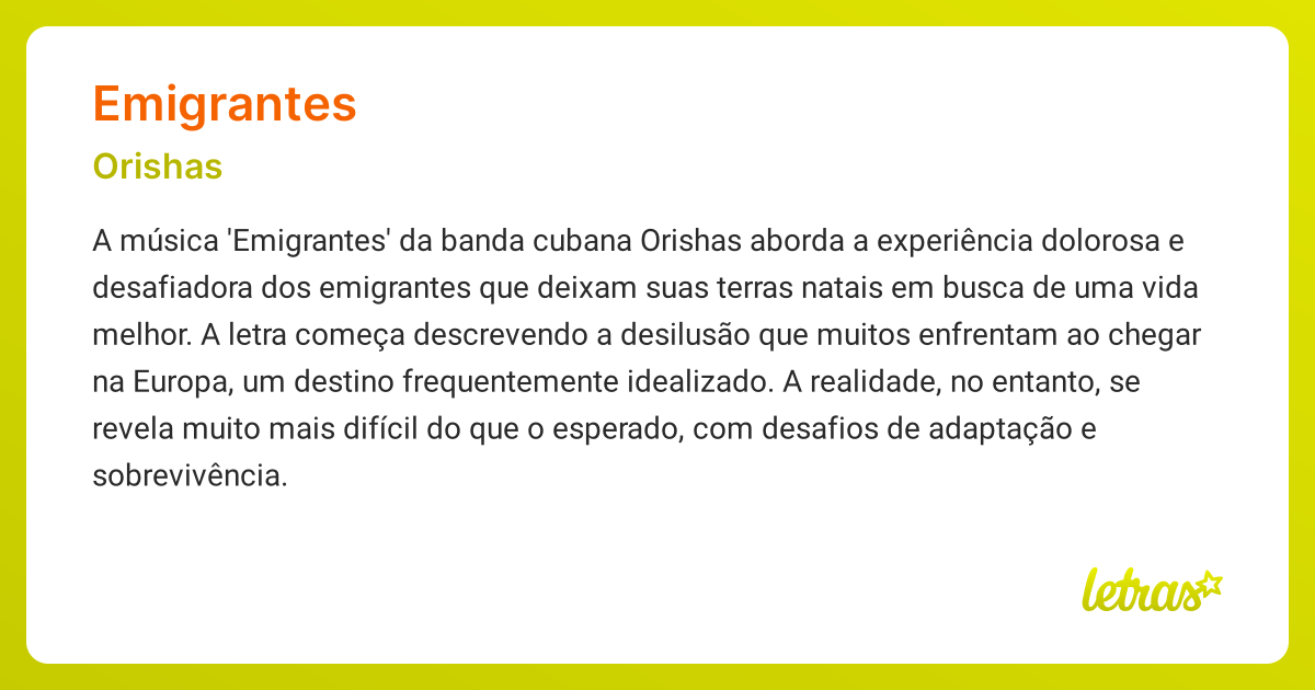 Significado da música EMIGRANTES (Orishas) - LETRAS.MUS.BR