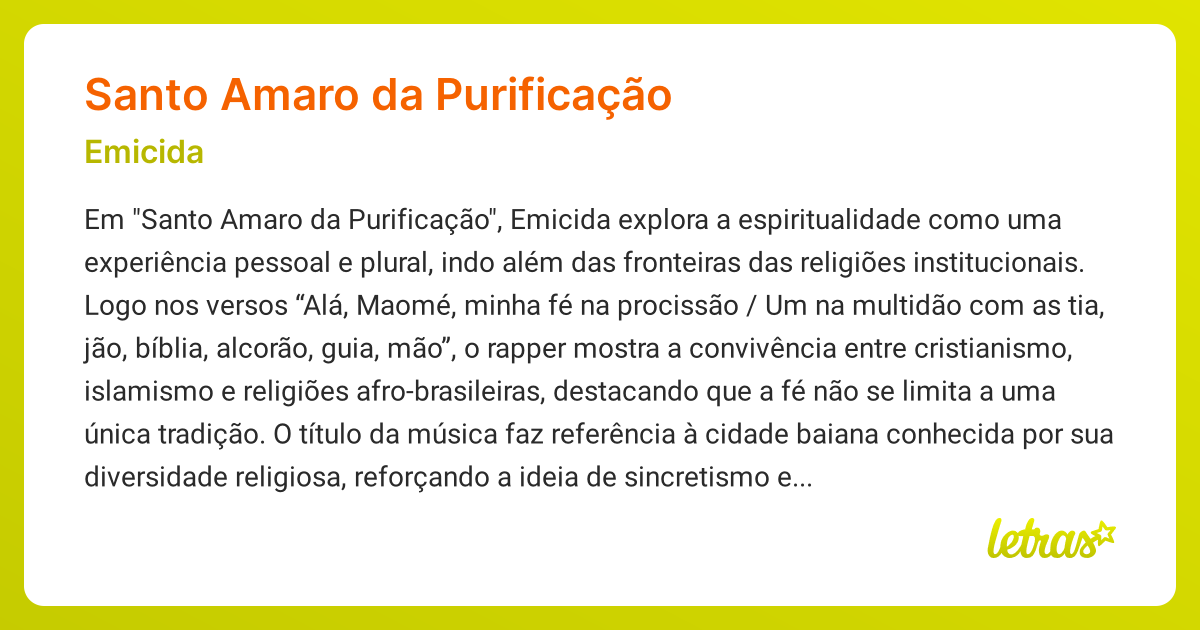 Significado da música SANTO AMARO DA PURIFICAÇÃO (Emicida) - LETRAS.MUS.BR