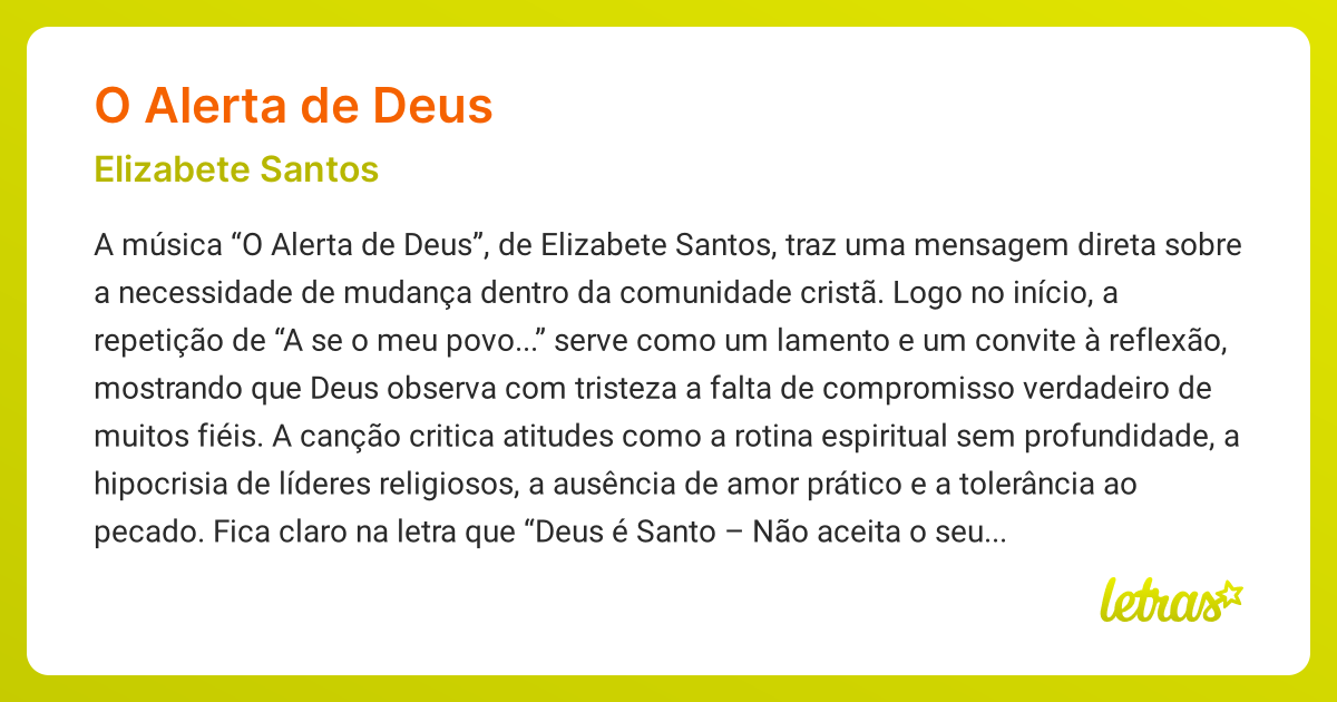 Significado da música O ALERTA DE DEUS (Elizabete Santos) - LETRAS.MUS.BR