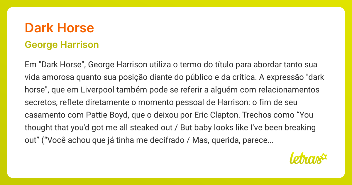 Significado da música DARK HORSE (George Harrison) - LETRAS.MUS.BR