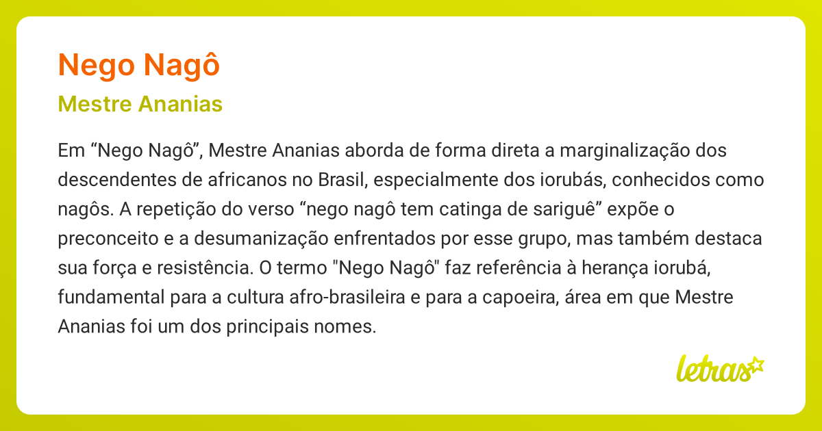 Significado da música NEGO NAGÔ (Mestre Ananias) - LETRAS.MUS.BR