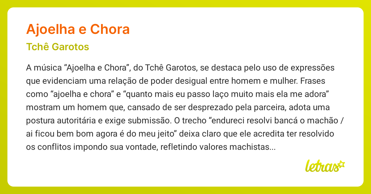 Significado da música AJOELHA E CHORA (Tchê Garotos) - LETRAS.MUS.BR