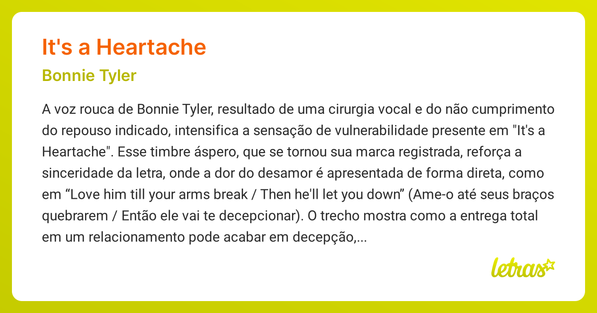 Significado da música IT'S A HEARTACHE (Bonnie Tyler) - LETRAS.MUS.BR