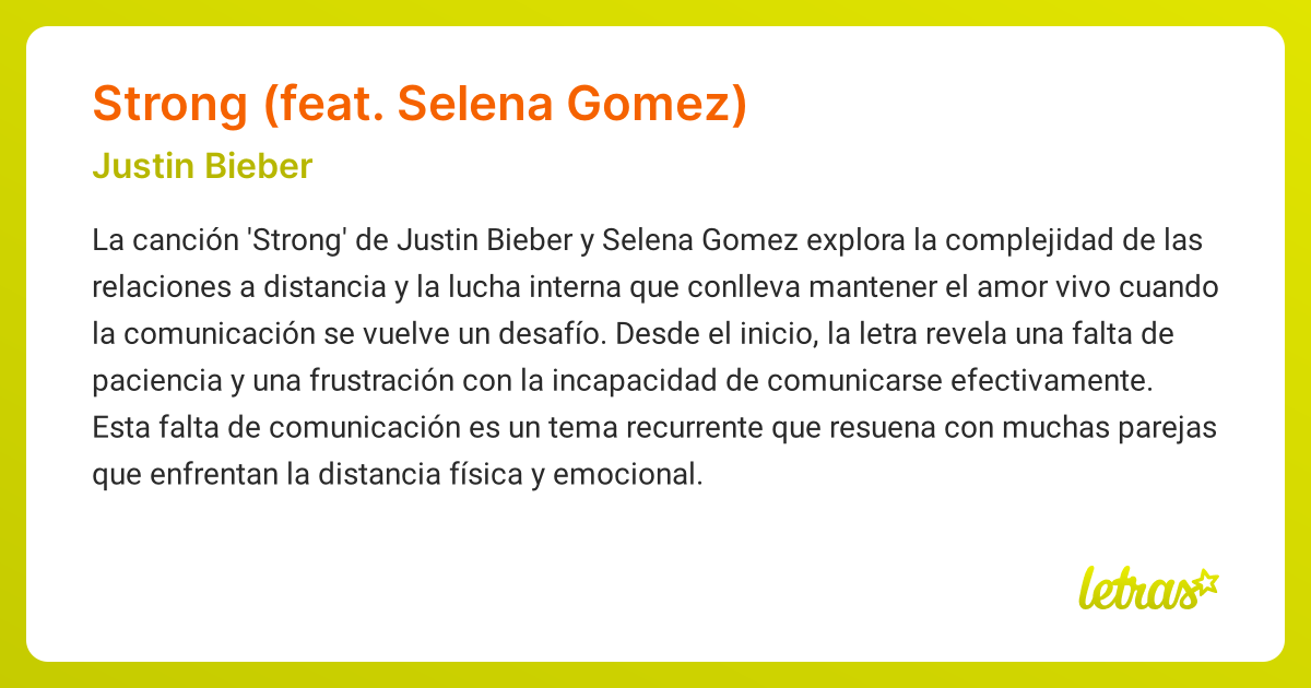 Significado de la canción STRONG (FEAT. SELENA GOMEZ) (Justin Bieber ...
