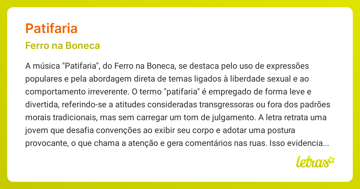 Significado da música PATIFARIA (Ferro na Boneca) - LETRAS.MUS.BR