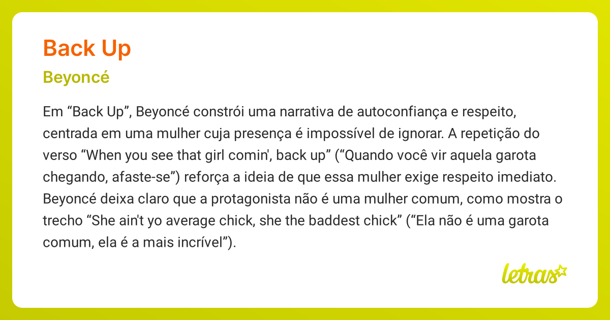 Significado da música BACK UP (Beyoncé) - LETRAS.MUS.BR