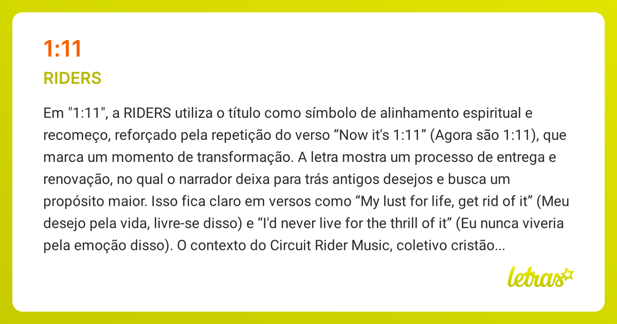 Significado da música 1:11 (RIDERS) - LETRAS.MUS.BR
