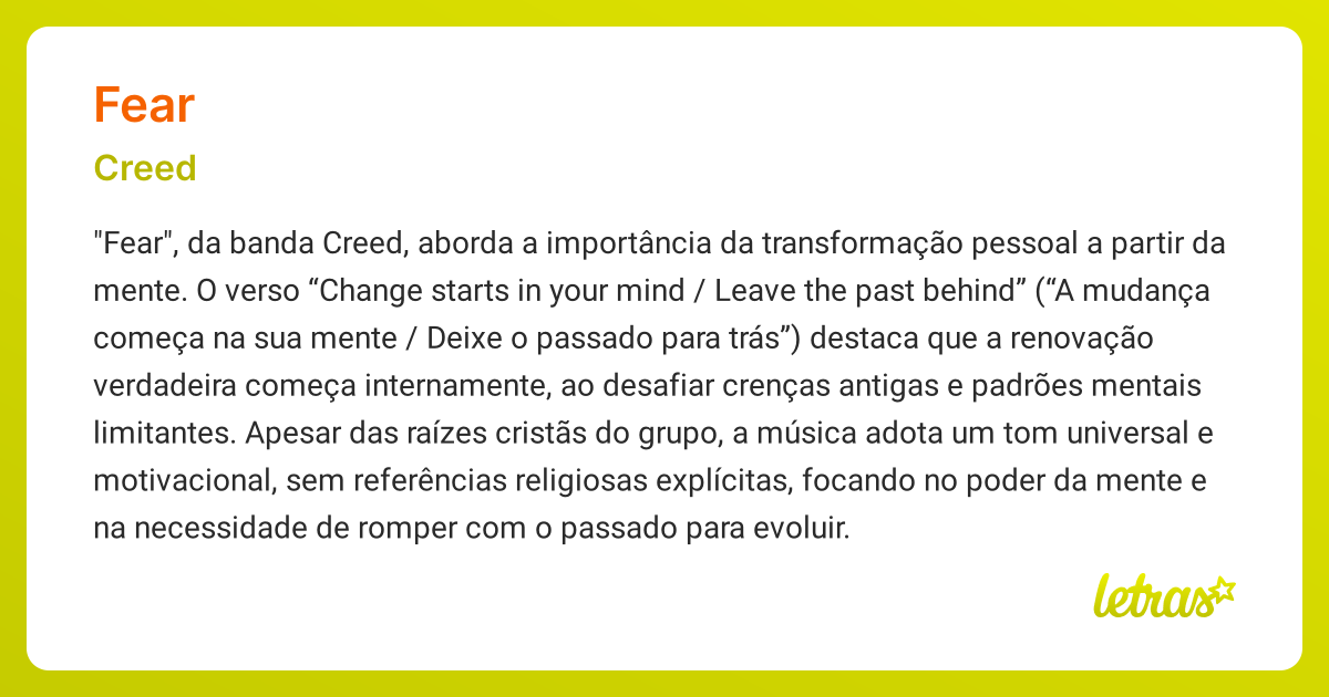 Significado da música FEAR (Creed) - LETRAS.MUS.BR