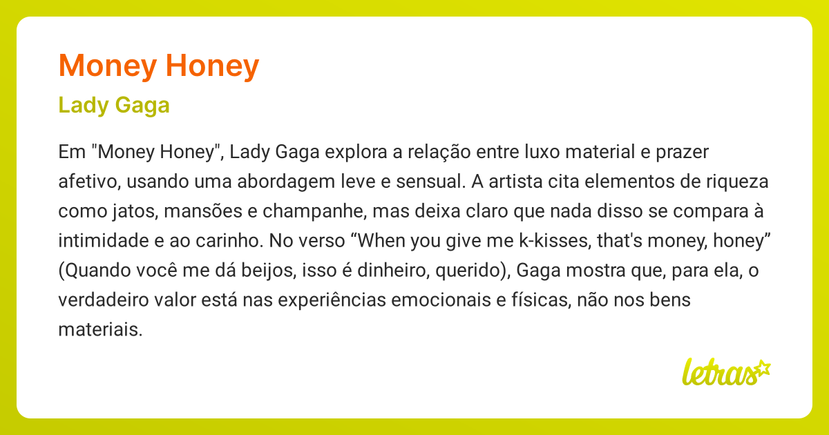 Significado da música MONEY HONEY (Lady Gaga) - LETRAS.MUS.BR