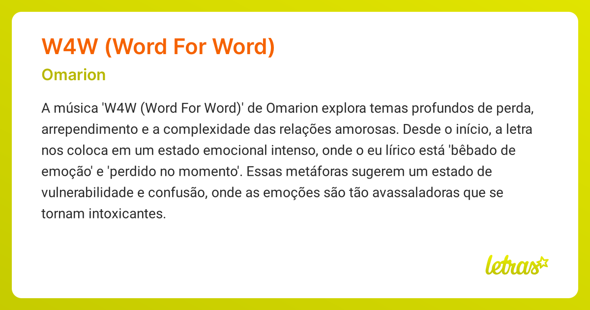 Significado da música W4W (WORD FOR WORD) (Omarion) - LETRAS.MUS.BR