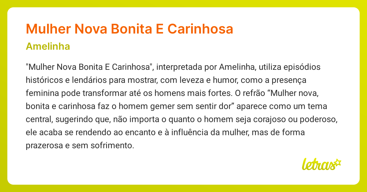 Significado da música MULHER NOVA BONITA E CARINHOSA (Amelinha ...