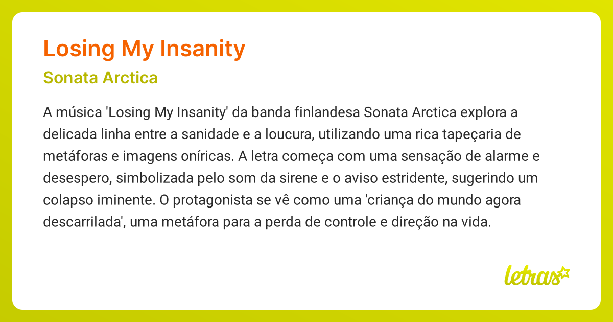 Significado da música LOSING MY INSANITY (Sonata Arctica) - LETRAS.MUS.BR