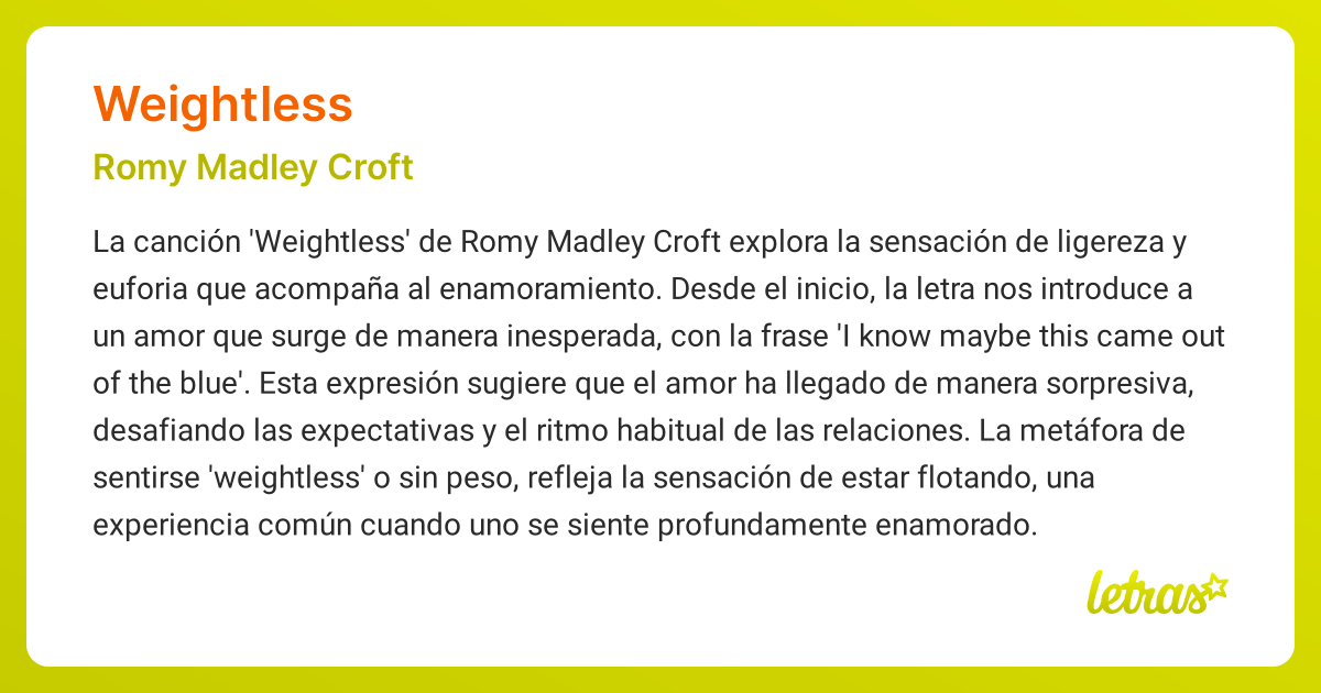 Significado de la canción WEIGHTLESS (Romy Madley Croft) - LETRAS.COM