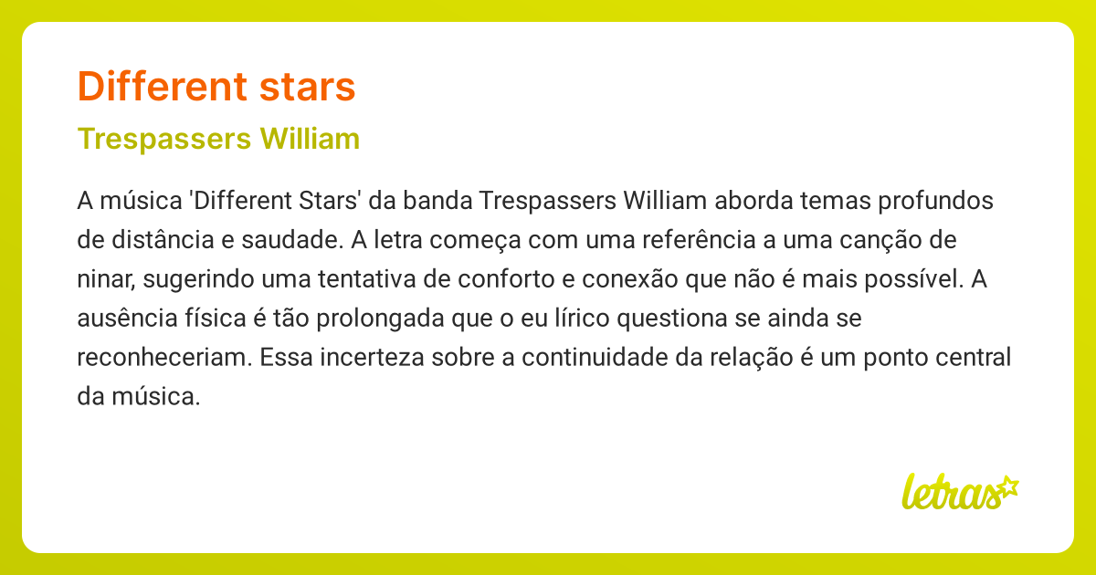 Significado da música DIFFERENT STARS (Trespassers William) - LETRAS.MUS.BR