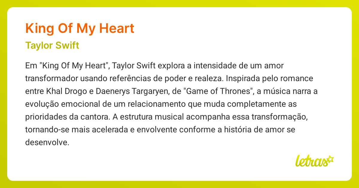 Significado da música KING OF MY HEART (Taylor Swift) - LETRAS.MUS.BR