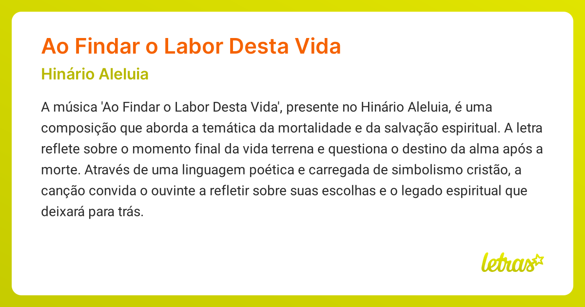 Significado da música AO FINDAR O LABOR DESTA VIDA (Hinário Aleluia ...