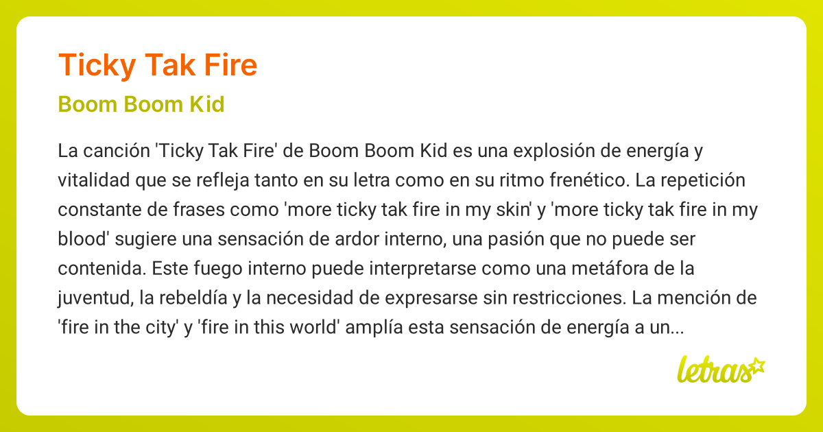 Significado de la canción TICKY TAK FIRE (Boom Boom Kid) - LETRAS.COM